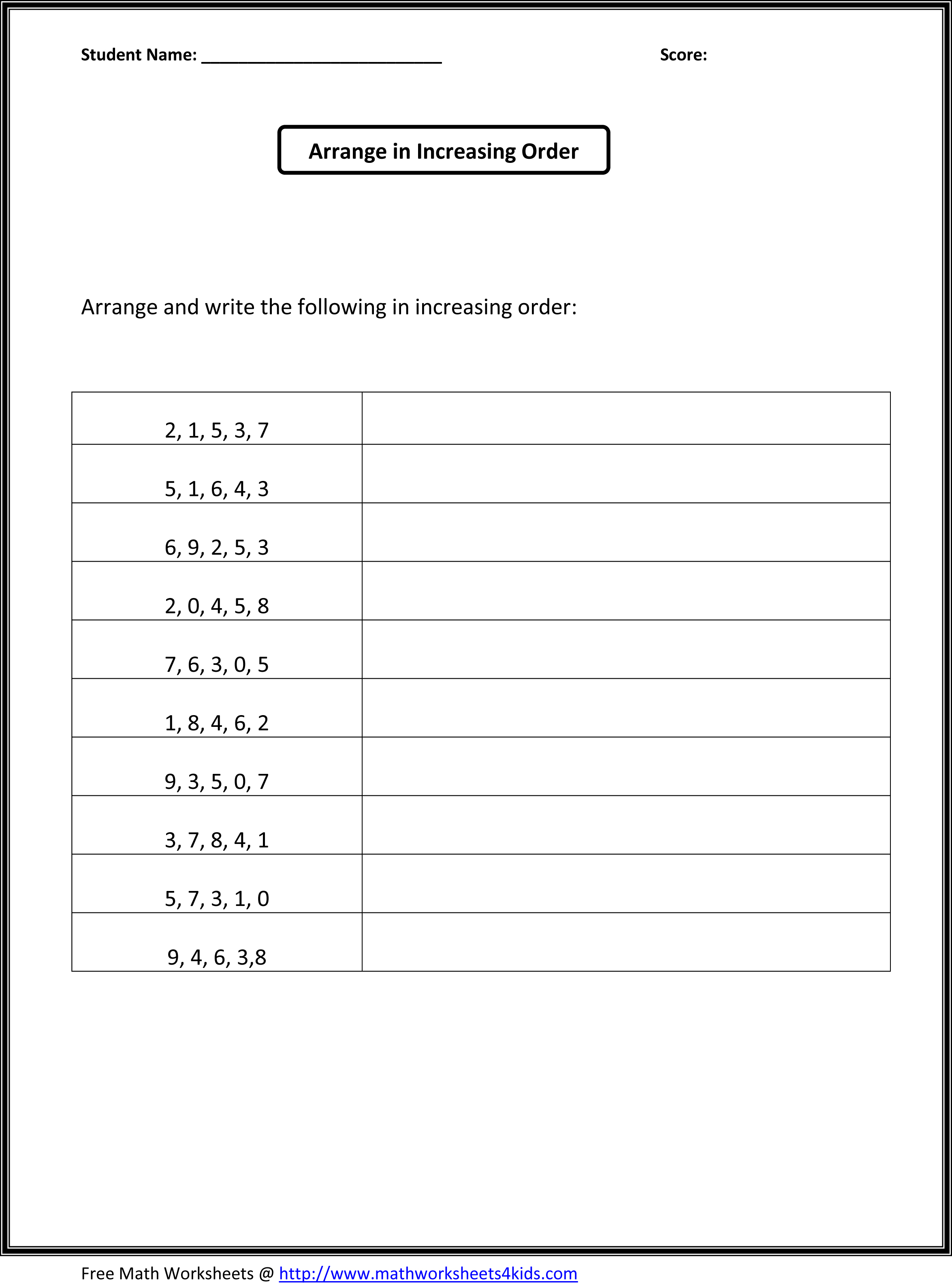 numbers worksheets number the in algebra missing increasing order Arrange