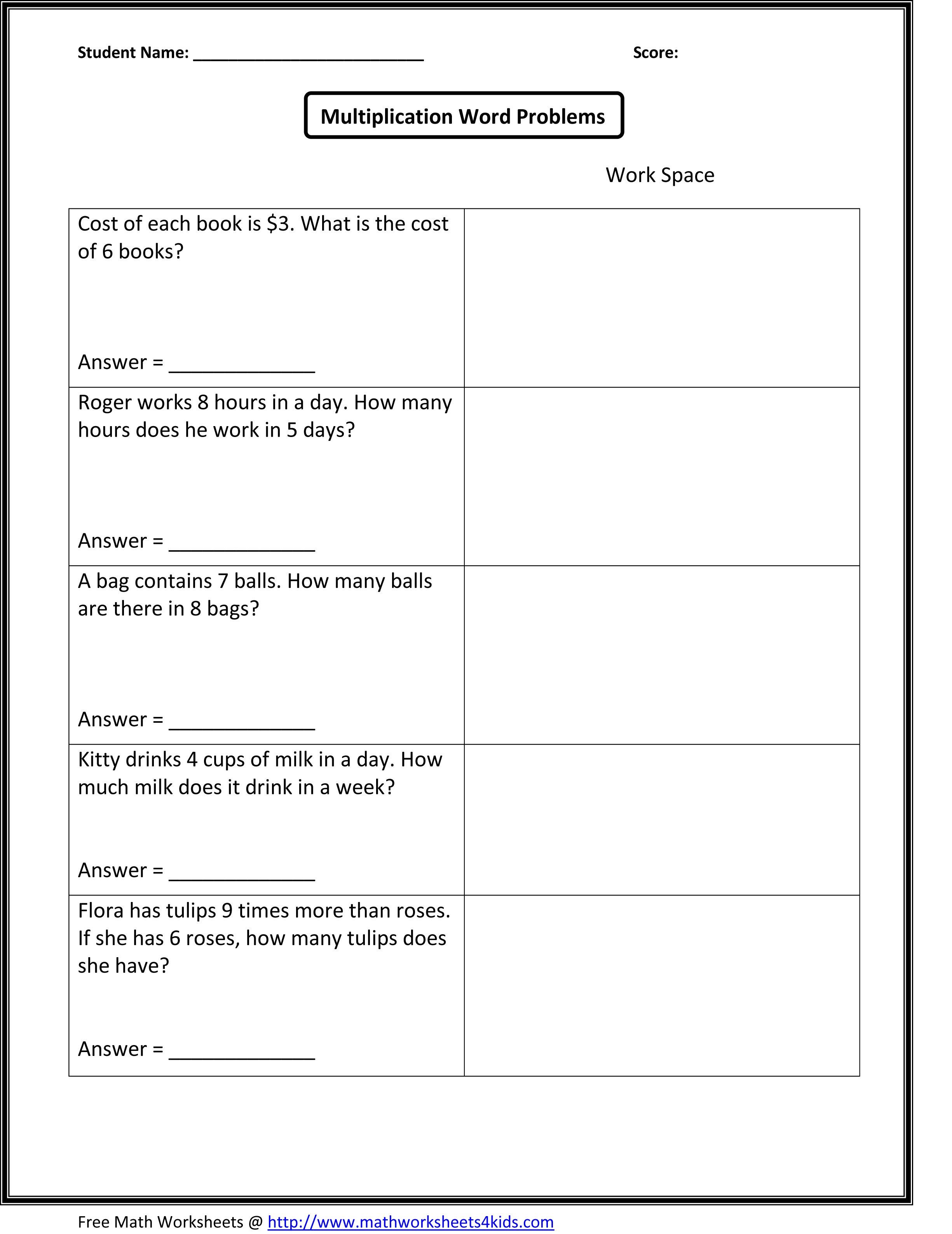 Multiplication Worksheets Grade 2 Word Problems