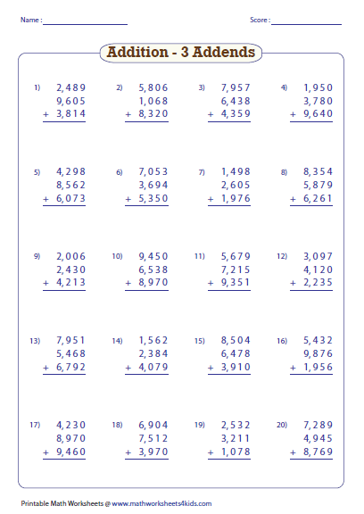 Addition Large Numbers Worksheet