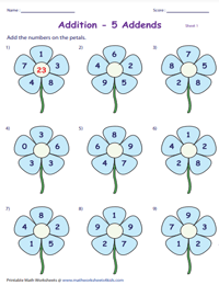 Adding Numbers on the Petals - 5 Addends