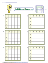 Single-Digit Addition Squares: Type 1 | 4x4
