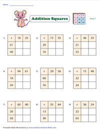 Two-Digit Addition Squares: Type 1 | 2x2