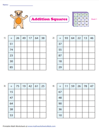 Two-Digit Addition Squares: Type 1 | 5x5