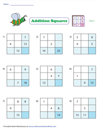 Single-Digit Addition Squares: Type 3 | 2 x 2 Addition