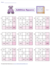 Two-Digit Addition Squares: Type 3 | 3 x 3 Addition