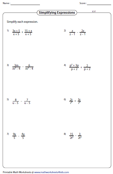 Simplifying Linear Expressions Worksheet