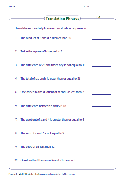 Translating Phrases into Algebraic Expressions Worksheets