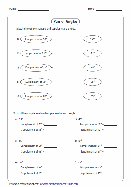 Pairs of Angles Worksheets