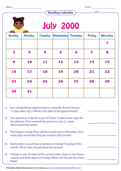 Reading Calendar Worksheets With Word Problems
