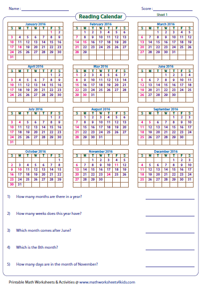 calendar homework worksheets