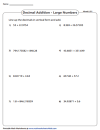Revision Worksheets: Adding Large Decimals | Level 2
