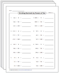 Dividing Decimals by Powers of Ten Worksheets