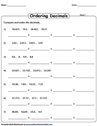 Ordering Decimals: Greater Than and Less Than Symbols