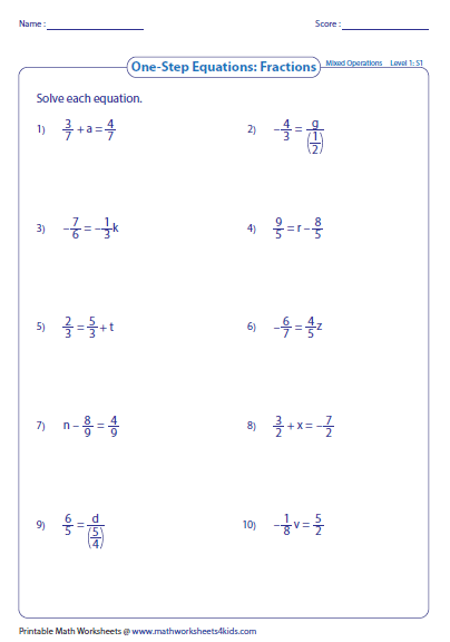 Solving One Step Equations With Mixed Numbers Worksheet