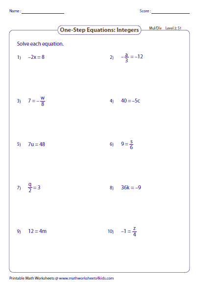 One Step Equations With Multiplication And Division Worksheets