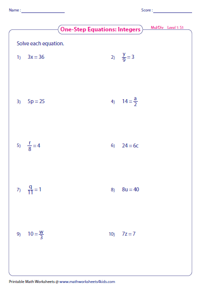 One Step Equations Multiplication And Division Worksheet Answers