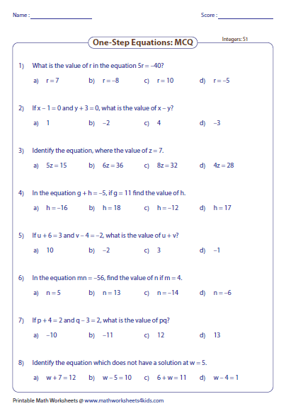 worksheets-one-step-equations