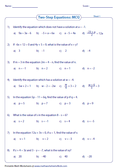 TwoStep Equation Worksheets