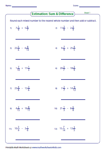Estimating Fractions And Mixed Numbers Worksheets