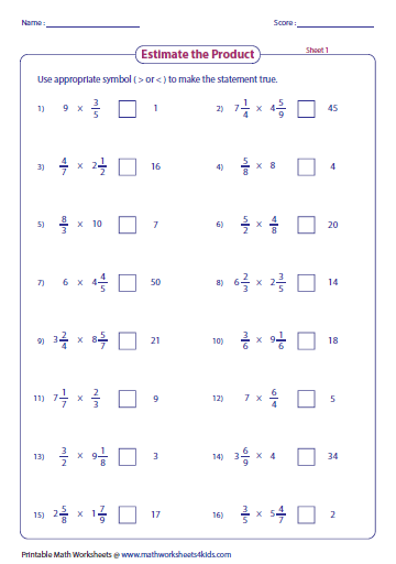 Estimating Products And Quotients Of Fractions And Mixed Numbers Worksheets