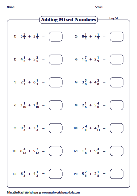 Adding Fractions Mixed Numbers Worksheets