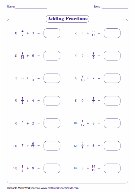 Adding Whole Numbers And Improper Fractions Worksheets