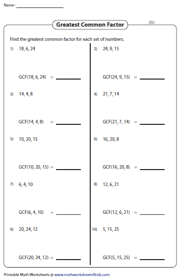 Greatest Common Factor Worksheets