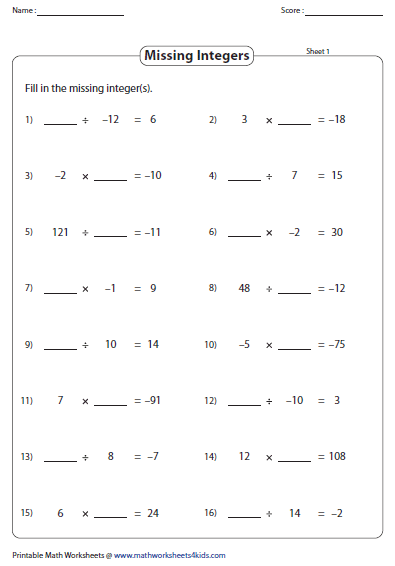 Multiplication Of Integers Worksheet For Grade 7