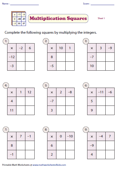 Multiplication Squares Worksheets