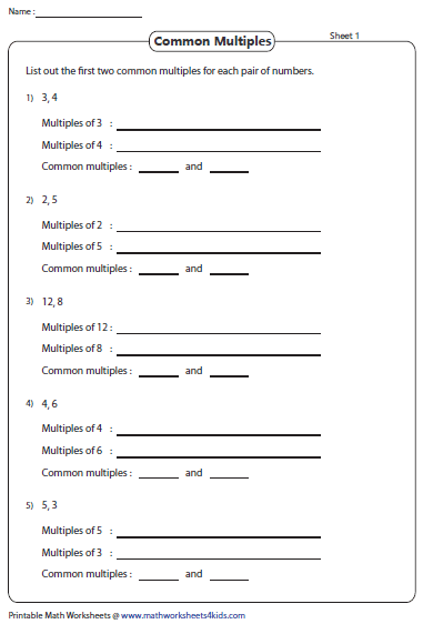 Common Multiples Worksheet Grade 6