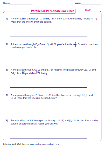 Parallel, Perpendicular and Intersecting Lines Worksheets