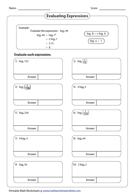 Evaluating Logarithms Worksheet With Answers Pdf