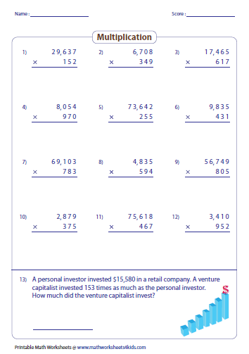 Large Numbers Multiplication Worksheets