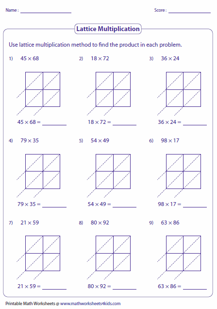 Lattice Multiplication Worksheets 3 Digit By 1 Digit