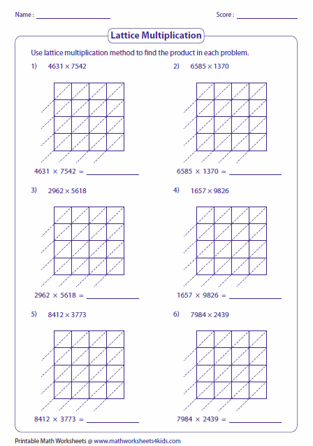Lattice Multiplication With Decimals Worksheets