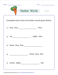 Complete the Series of Number Words - 1 to 10