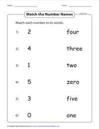 Match the Numbers with Number Words - 0 to 5