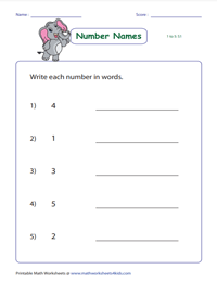 Writing numbers in words | 
Up to 10 - 1 to 5