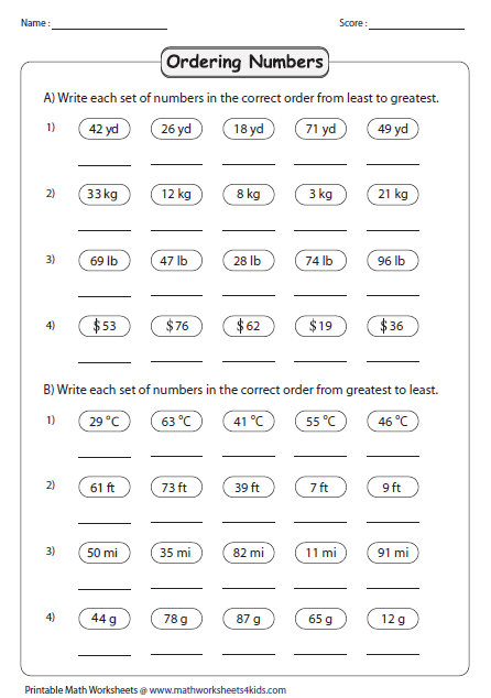 Maths homework ordering numbers