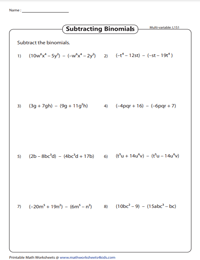 Subtracting Binomials: Multi-variable - Level 1
