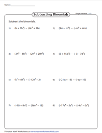 Subtracting Binomials: Single-variable - Level 1
