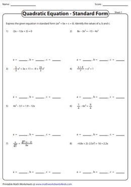 Standard Form of Quadratic Equation and Identify the Quadratic Coefficients