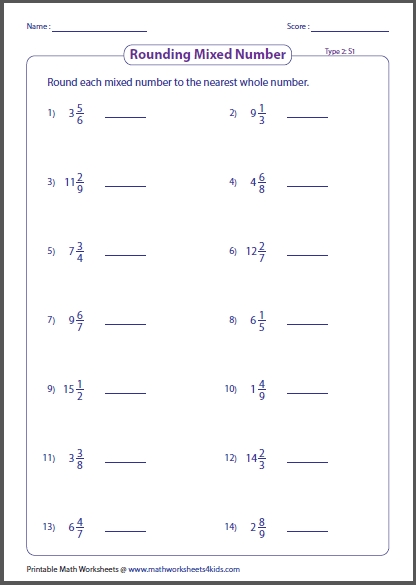 Rounding Fractions And Mixed Numbers To The Nearest Half Worksheets