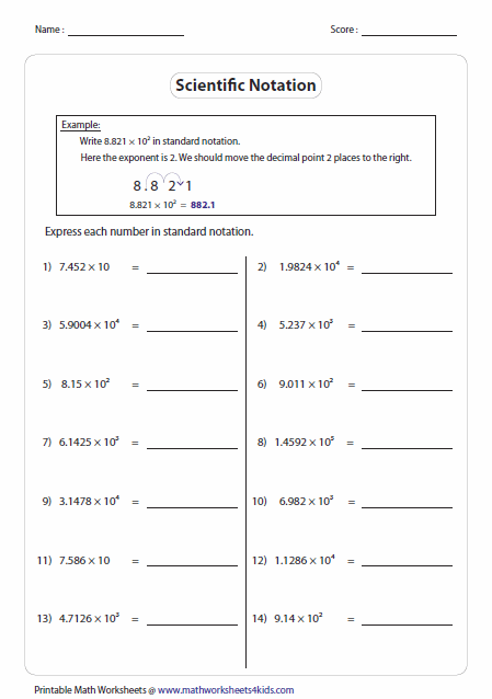 Scientific Notation Of Numbers Greater Than Zero Worksheets