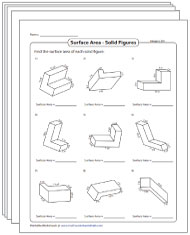 Surface Area of L-Shaped Prisms Worksheets
