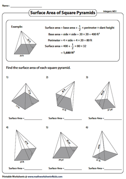 Surface Area of Square Pyramids | Integers - Moderate