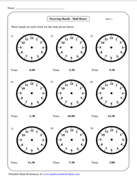 Draw the Hands on the Clock | 30-Minute Increments