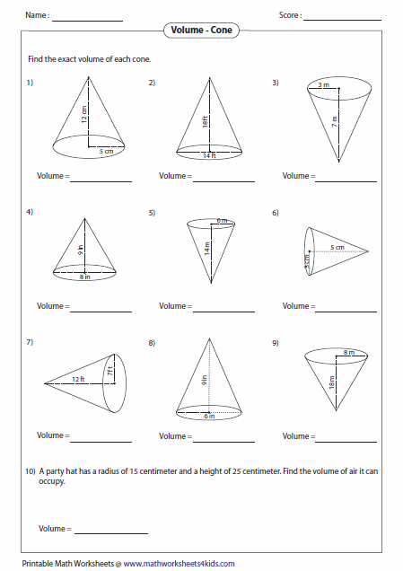 Volume Of Cone Worksheet With Answers Pdf