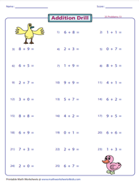 Addition Drills | Horizontal Format - 25 per page