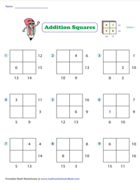 Single-Digit Addition Squares: Type 2 | 2x2